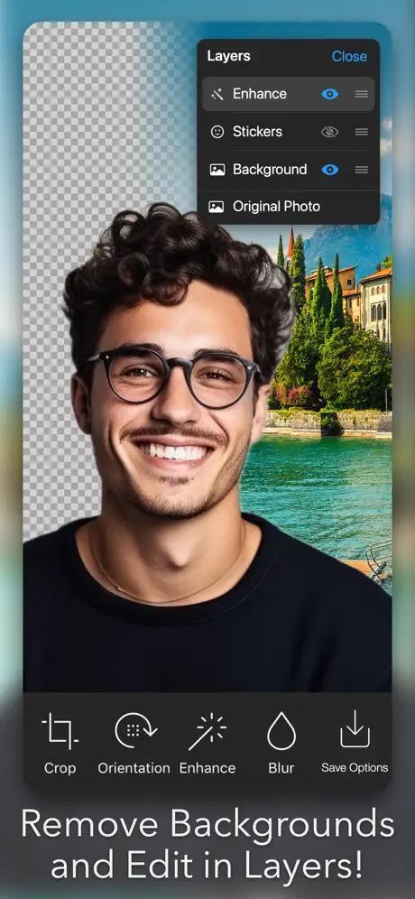 Photo Editor- 8.0 Layers panel over a photo with its background removed