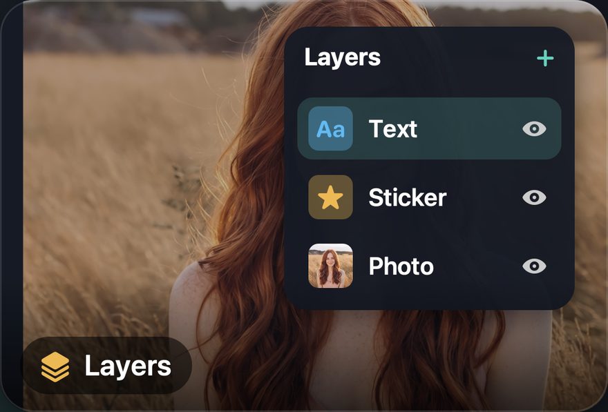 Layers panel listing a text layer, a sticker layer and the photo